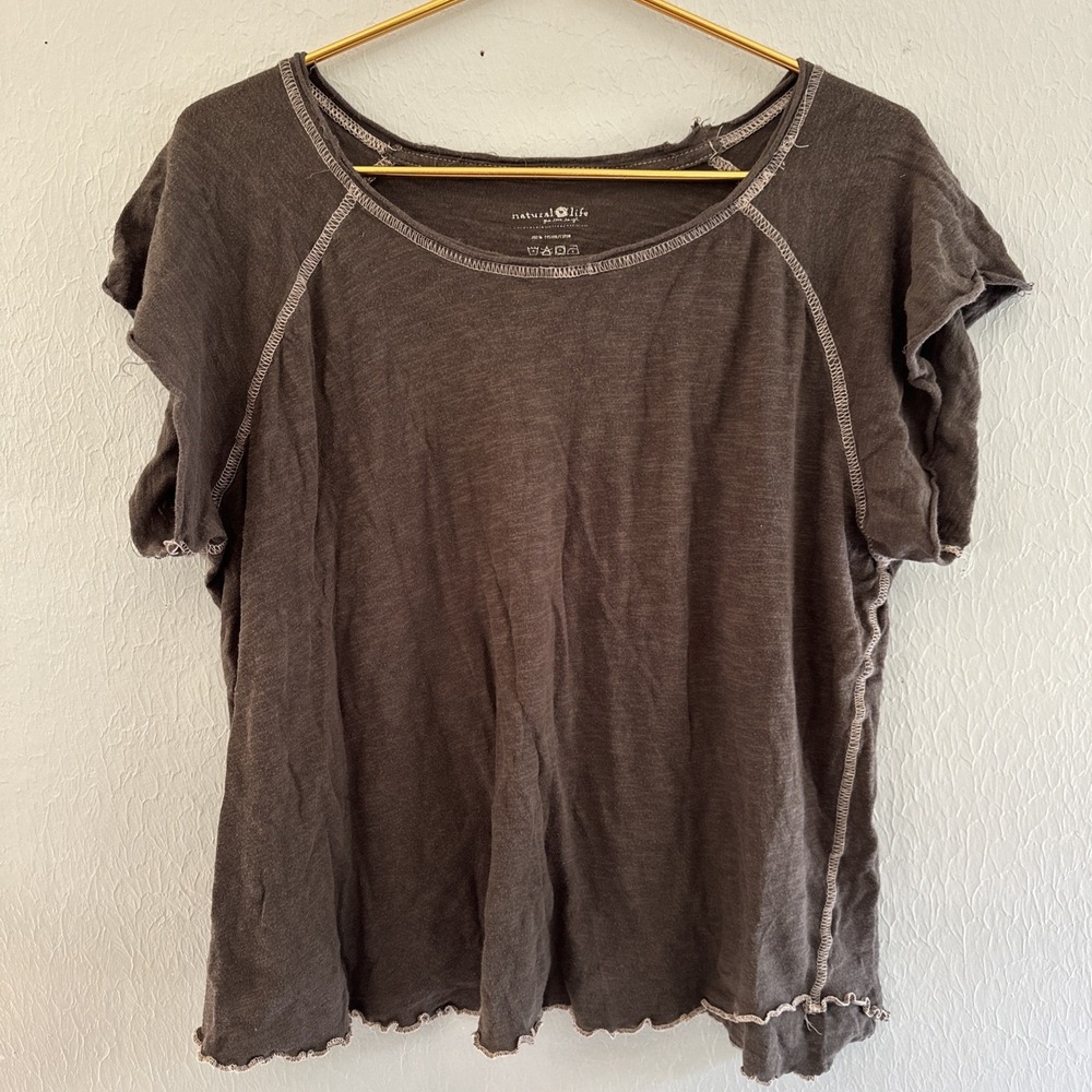 Natural Life T-Shirt Women XL Olive Green Mineral Wash Boho Relaxed Grunge Raw